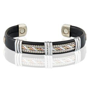 Silver Two Tone Design Leatherette Solid Copper Magnetic Bracelet Cuff Bangle